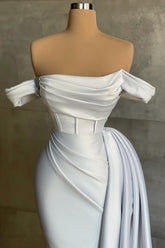 Elegant White Mermaid Strapless Off-The-Shoulder Column Sleeveless Satin Panel Train Ruffle Simple Evening Dresses